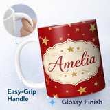 Personalized Custom Name Gold Glitter Stars on Red Background Seamless Pattern Design Festive 11oz Ceramic Coffee Tea Mug White Large Handle