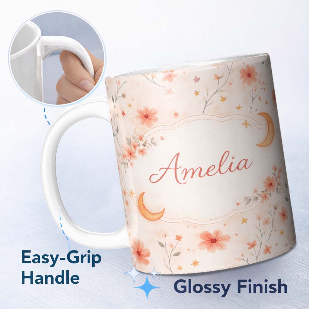 Personalized Custom Name Celestial Moon Floral Night Sky Pattern Seamless Watercolour Design 11oz Ceramic Coffee Tea Mug White Large Handle