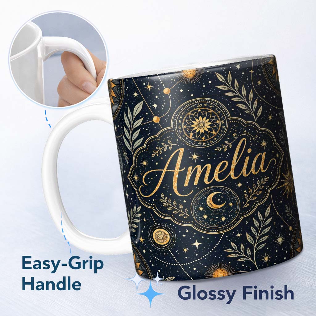 Personalized Custom Name Celestial Zodiac Constellation Botanical Night Seamless Pattern 11oz Ceramic Coffee Tea Mug White Large Handle