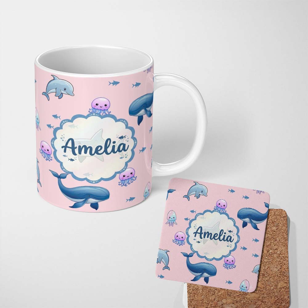 Personalized Custom Name Cute Dolphin Shark and Jellyfish Ocean Animals Soft Pink Background 11oz Ceramic Coffee Tea Mug White Large Handle