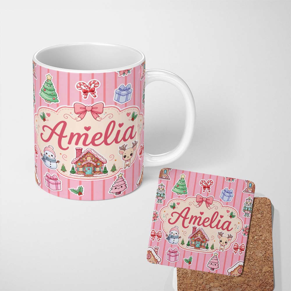 Personalized Custom Name Cute Christmas Festive Stickers Gingerbread House Tree Pink Stripe 11oz Ceramic Coffee Tea Mug White Large Handle