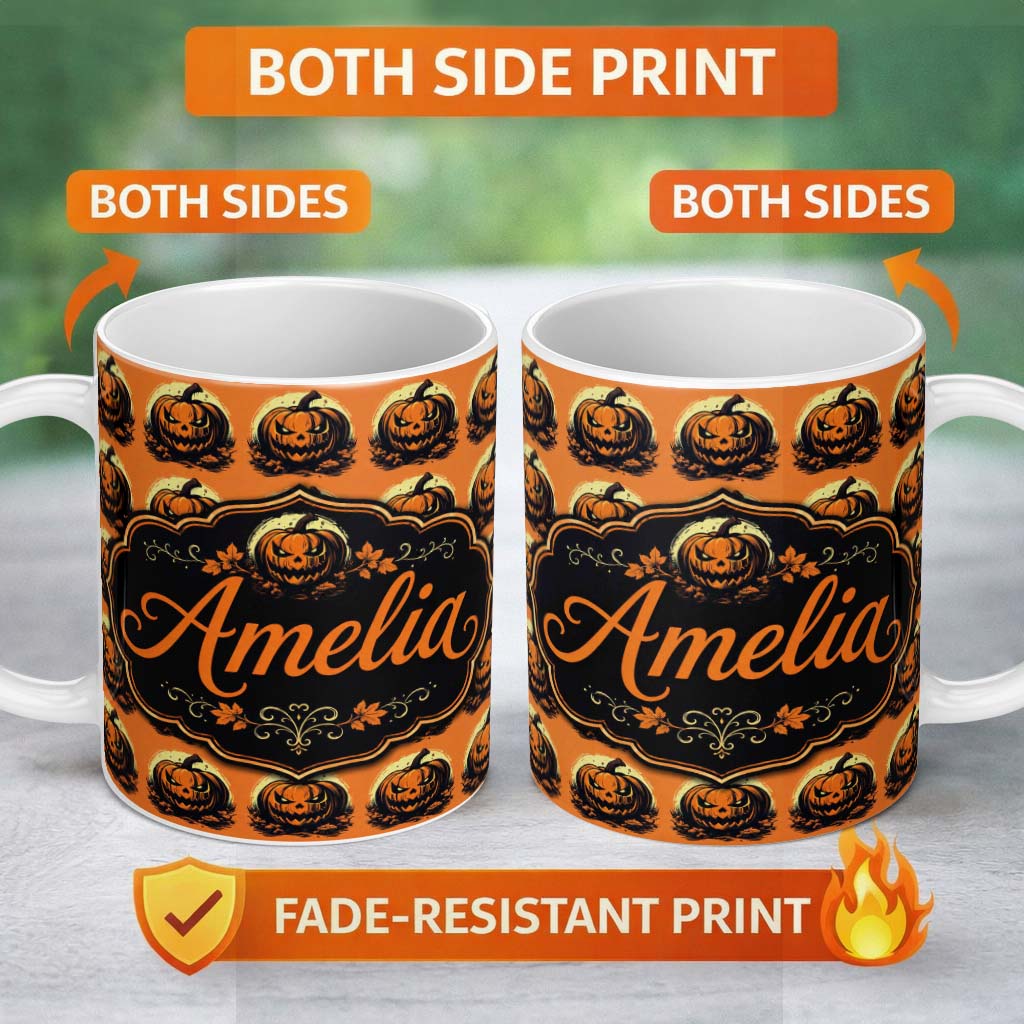 Personalized Custom Name Spooky Jack O Lantern Orange Background Classic Halloween Seamless 11oz Ceramic Coffee Tea Mug White Large Handle