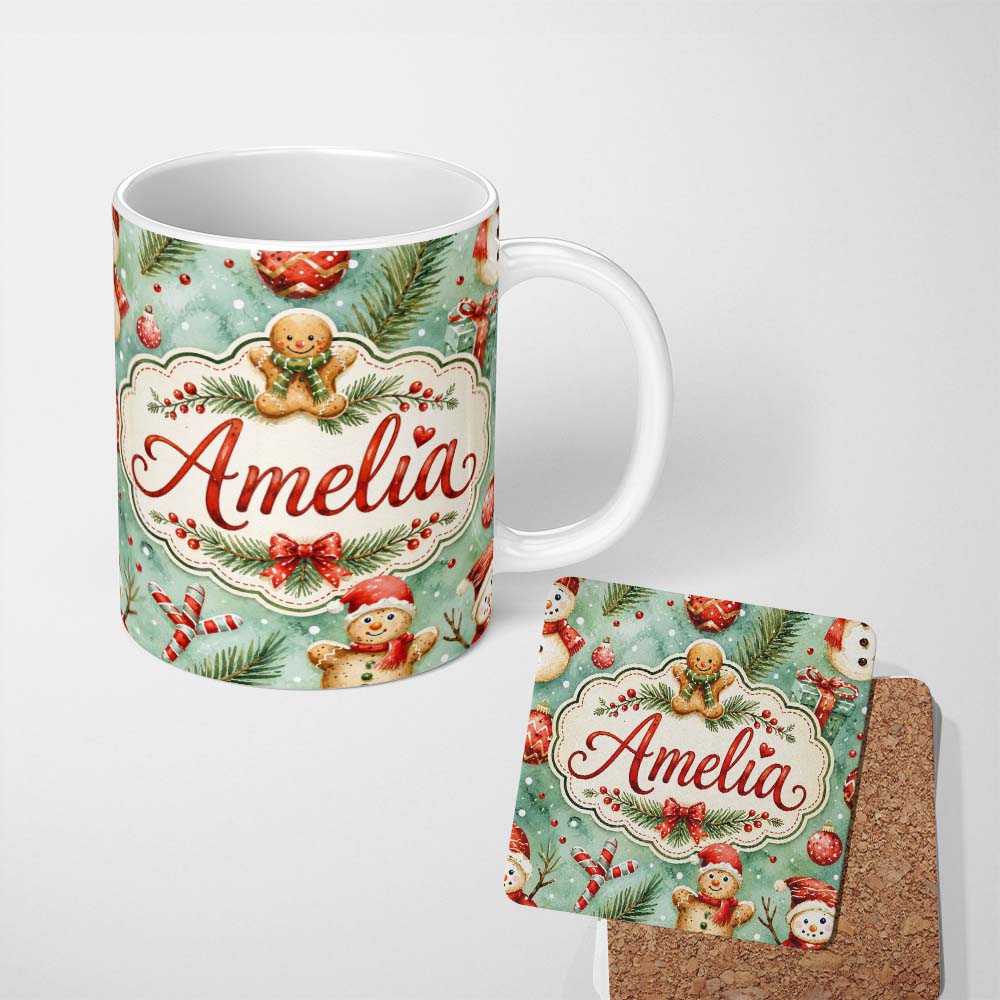 Personalized Custom Name Cute Gingerbread Snowman Candy Cane Winter Seamless Pattern Lovely 11oz Ceramic Coffee Tea Mug White Large Handle
