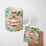 Personalized Custom Name Cute Gingerbread Snowman Candy Cane Winter Seamless Pattern Lovely 11oz Ceramic Coffee Tea Mug White Large Handle