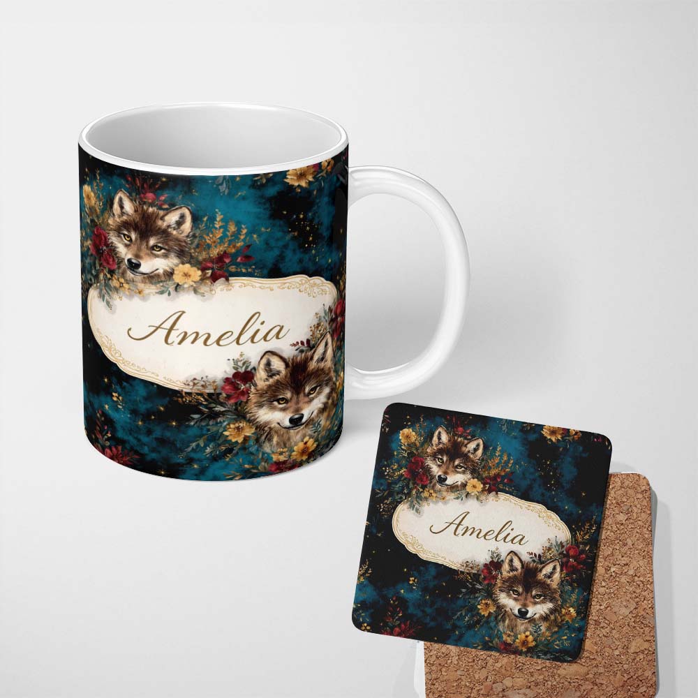 Personalized Custom Name Wolf Head Floral Dark Forest Artistic Seamless Pattern Lovely 11oz Ceramic Coffee Tea Mug White Large Handle