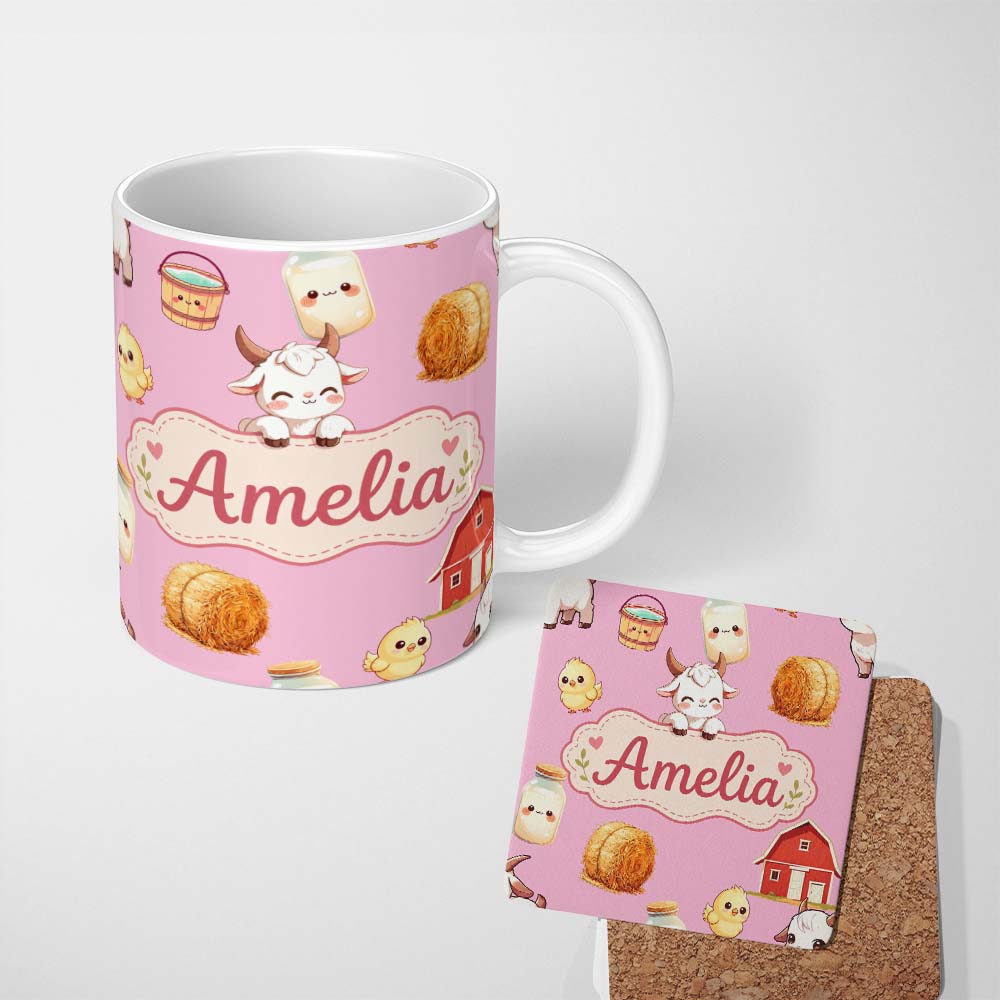 Personalized Custom Name Cute Farm Goat Barn Hay Bale Chick Milk Bucket Pink Background 11oz Ceramic Coffee Tea Mug White Large Handle