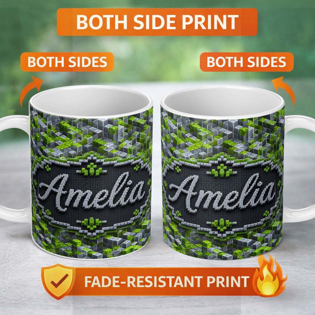 Personalized Custom Name Green Glass Cube Abstract Futuristic Seamless Pattern Lovely 11oz Ceramic Coffee Tea Mug White Large Handle