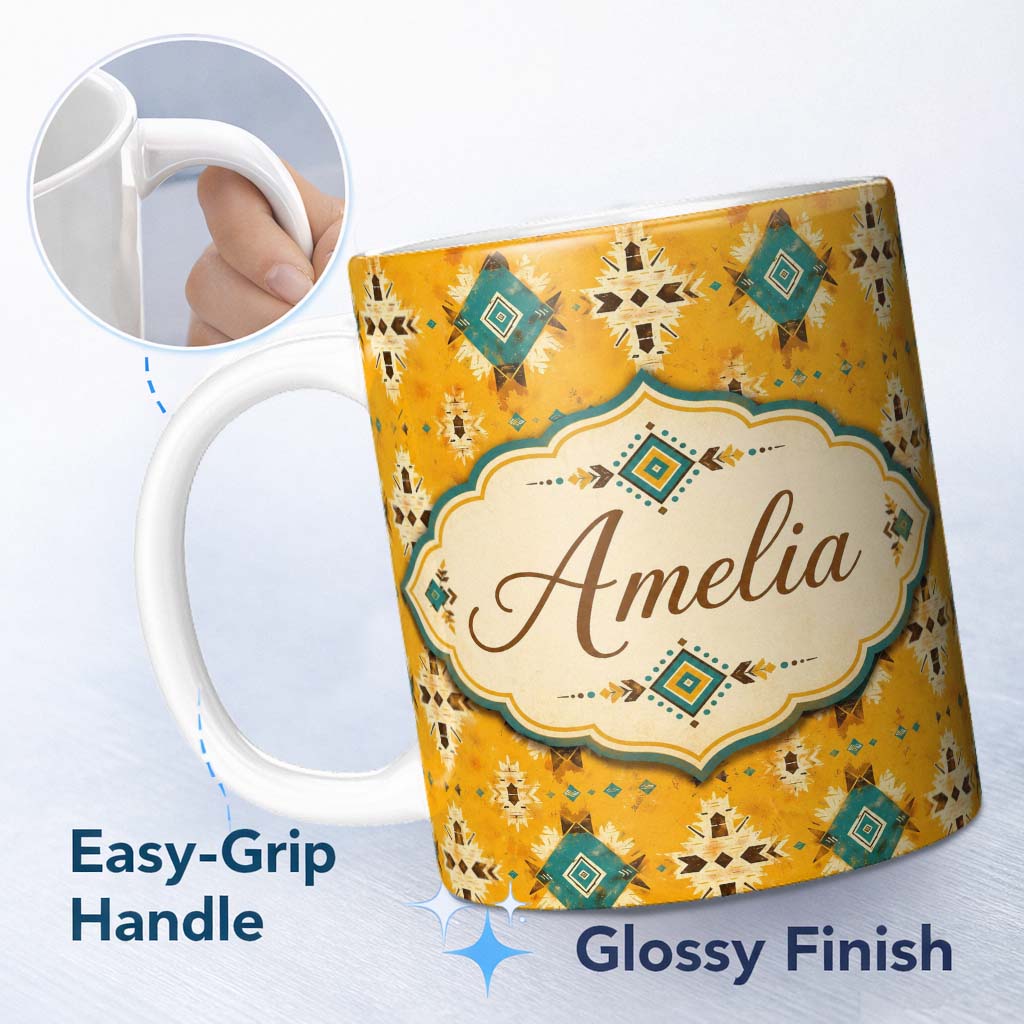 Personalized Custom Name Bold Yellow and Teal Aztec Geometric Tribal Seamless Pattern Lovely 11oz Ceramic Coffee Tea Mug White Large Handle