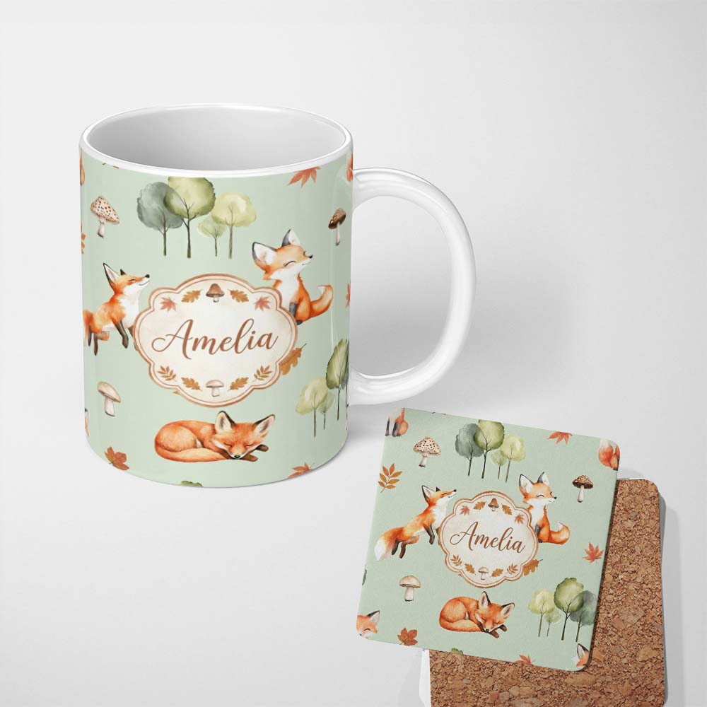 Personalized Custom Name Watercolor Woodland Fox Mushroom Autumn on Sage Green Background 11oz Ceramic Coffee Tea Mug White Large Handle
