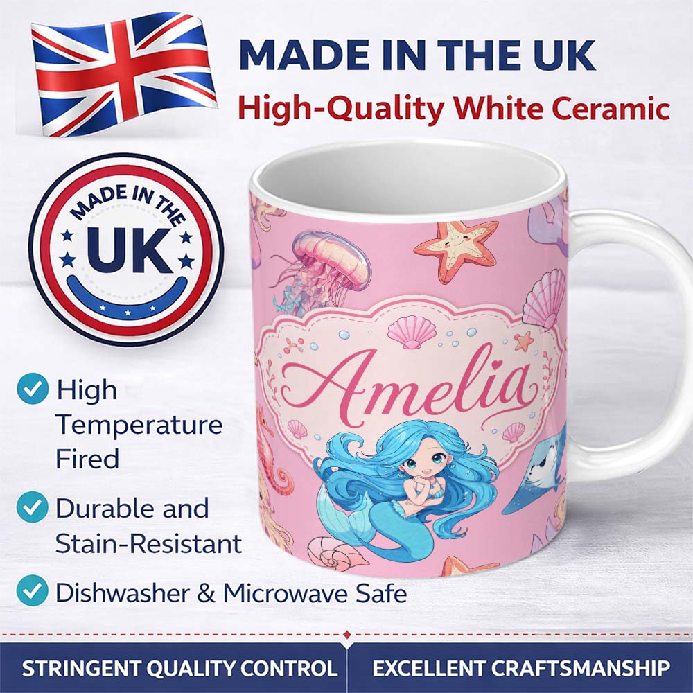 Personalized Custom Name Mermaid Ocean Friends Jellyfish Starfish Rose Pink Background Lovely 11oz Ceramic Coffee Tea Mug White Large Handle