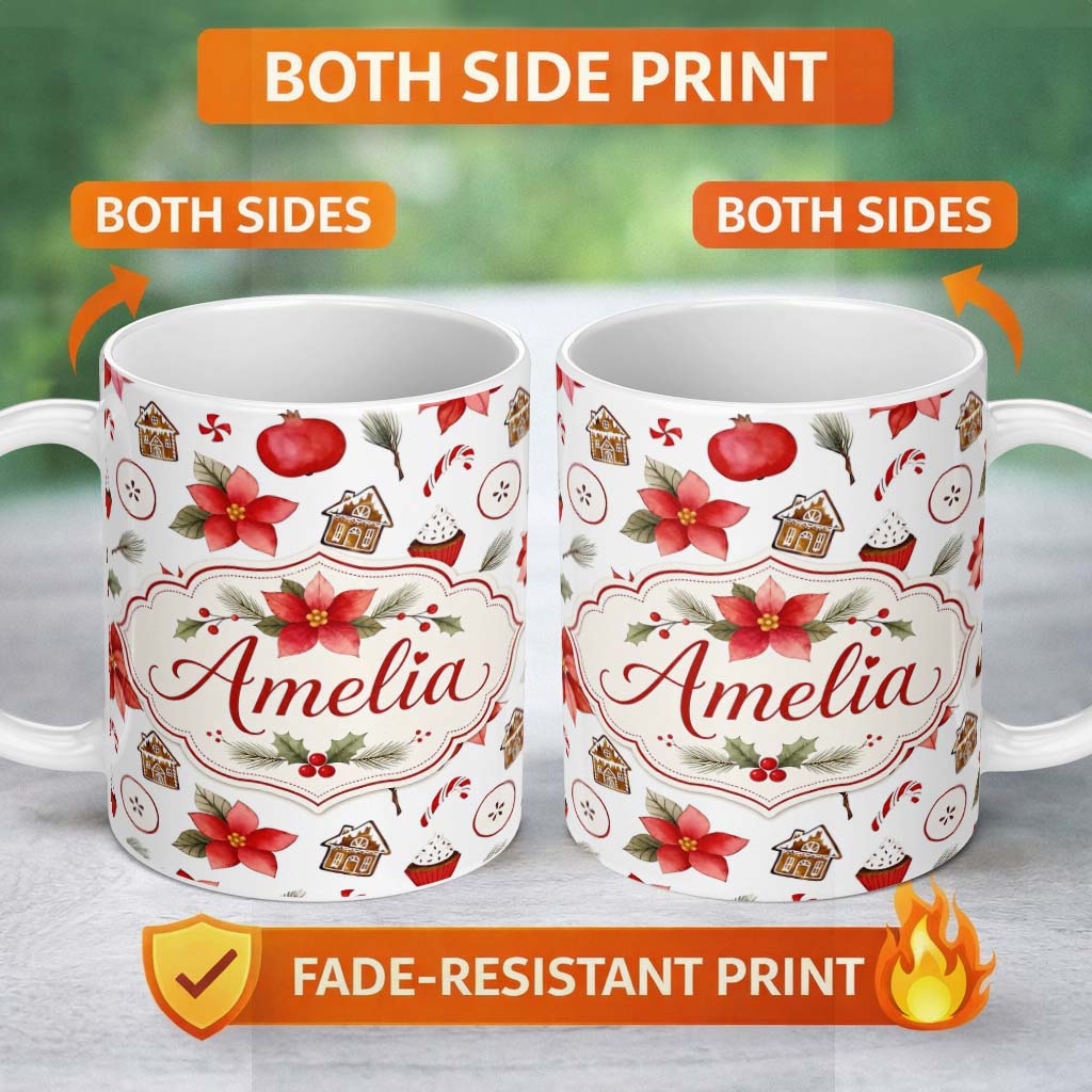 Personalized Custom Name Poinsettia Flower Pomegranate Holiday Treats Seamless Pattern Lovely 11oz Ceramic Coffee Tea Mug White Large Handle