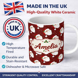 Personalized Custom Name Cute Santa Face Red Snow Background Christmas Seamless Pattern 11oz Ceramic Coffee Tea Mug White Large Handle