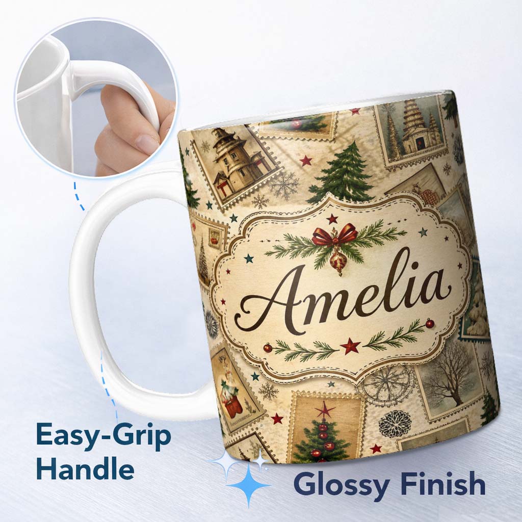 Personalized Custom Name Vintage Christmas Stamps with Trees Snowflakes and Festive Scenes 11oz Ceramic Coffee Tea Mug White Large Handle
