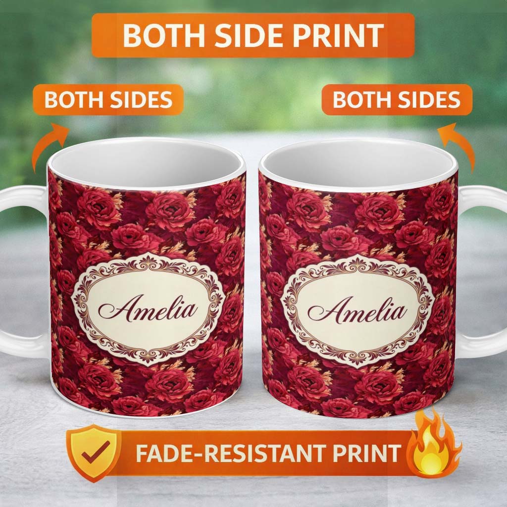 Personalized Custom Name Rich Red Peony Flower Garden Seamless Pattern Beautiful Coffee Cup 11oz Ceramic Coffee Tea Mug White Large Handle