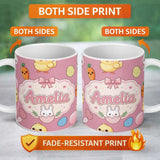 Personalized Custom Name Cute Easter Bunny Chick Eggs Carrot Cute Seamless Pattern Pink 11oz Ceramic Coffee Tea Mug White Large Handle