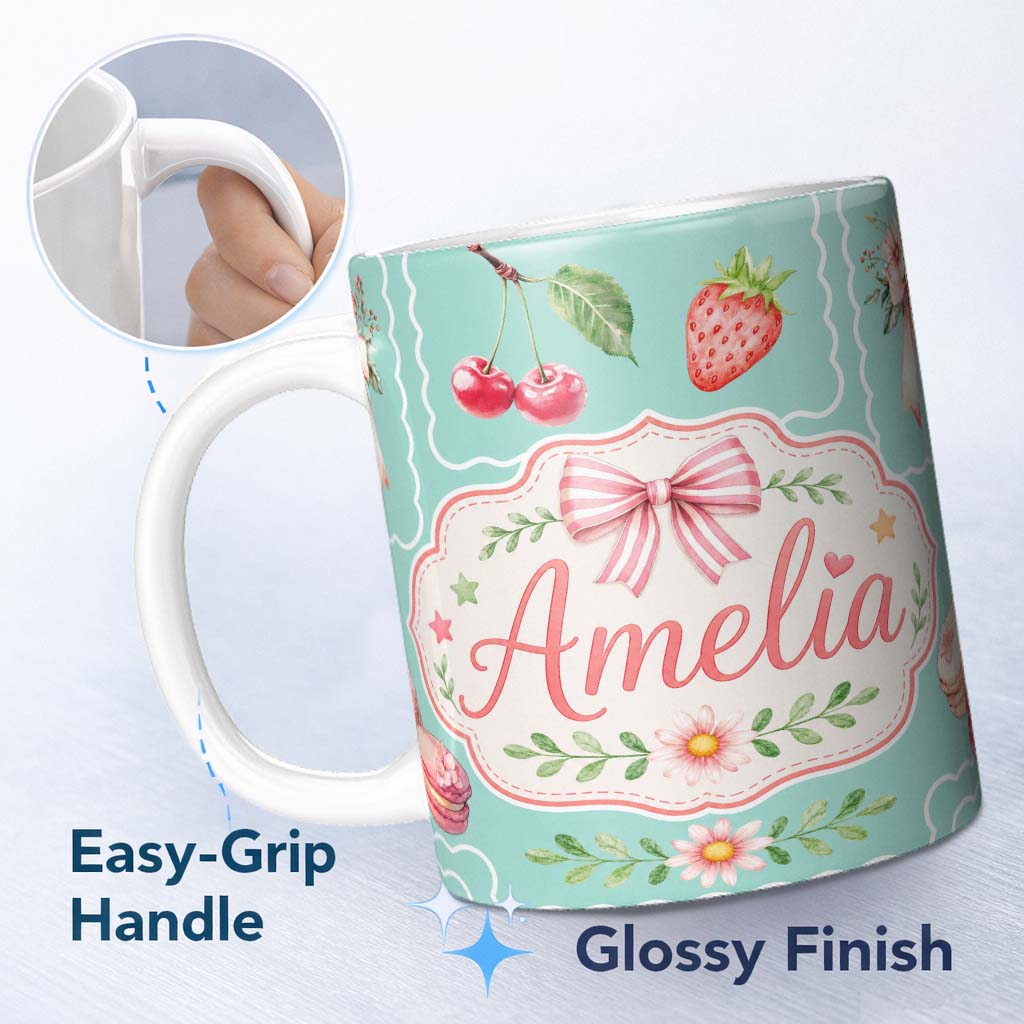 Personalized Custom Name Cute Strawberry Cherry Ribbon Bow Sweet Dessert Pattern Teal Green 11oz Ceramic Coffee Tea Mug White Large Handle