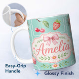 Personalized Custom Name Cute Strawberry Cherry Ribbon Bow Sweet Dessert Pattern Teal Green 11oz Ceramic Coffee Tea Mug White Large Handle