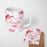 Personalized Custom Name Watercolor Ribbon Bow Seamless Pattern on Light Grey Background 11oz Ceramic Coffee Tea Mug White Large Handle