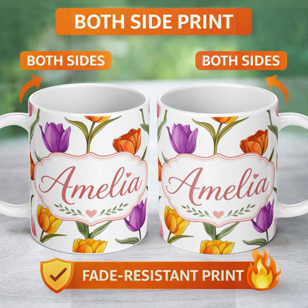 Personalized Custom Name Colorful Tulip Flowers White Background Spring Floral Seamless 11oz Ceramic Coffee Tea Mug White Large Handle