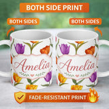 Personalized Custom Name Colorful Tulip Flowers White Background Spring Floral Seamless 11oz Ceramic Coffee Tea Mug White Large Handle