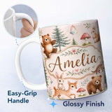 Personalized Custom Name Forest Animals Bear Bunny Squirrel Trees on Blush Pink Seamless 11oz Ceramic Coffee Tea Mug White Large Handle