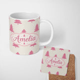 Personalized Custom Name Minimal Pink Christmas Trees Snowflakes Seamless Pattern Lovely 11oz Ceramic Coffee Tea Mug White Large Handle