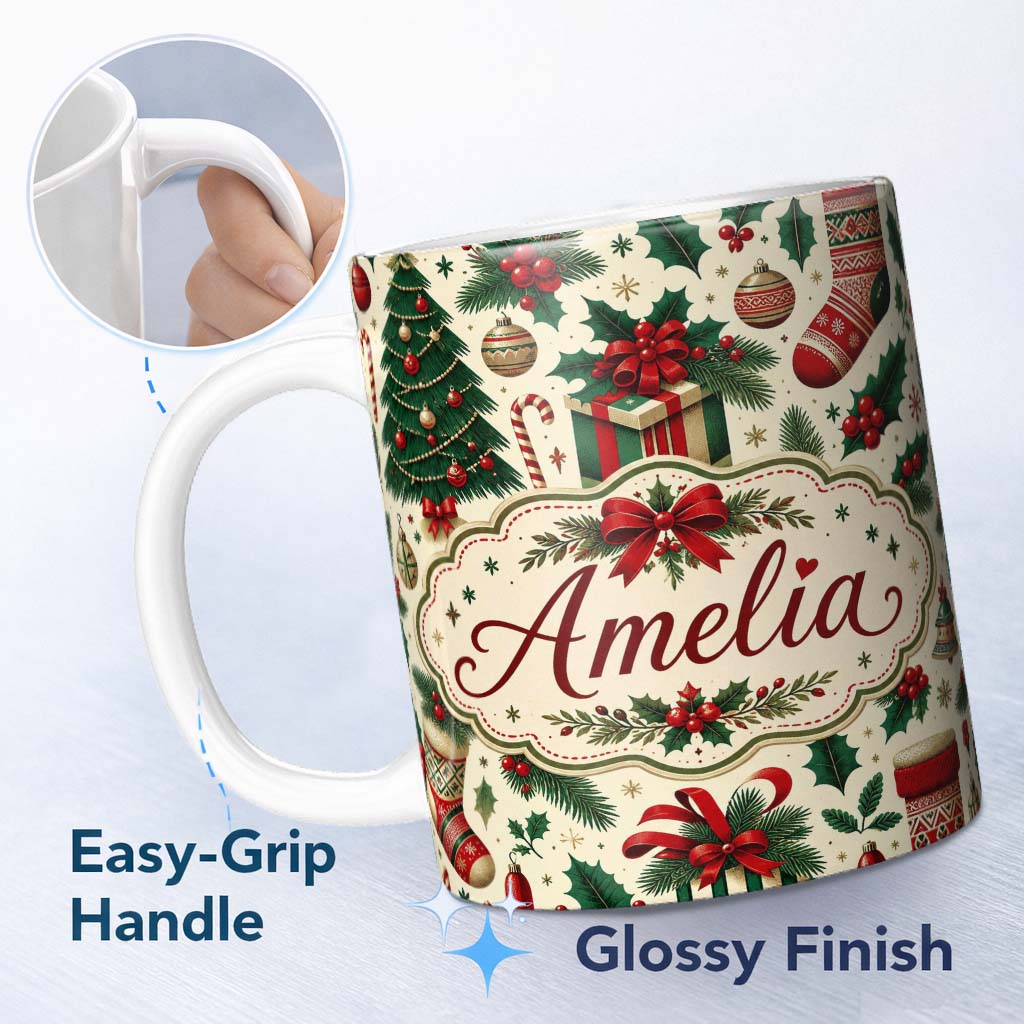 Personalized Custom Name Christmas Gift Boxes Candy Cane Holly Stockings Festive Holiday 11oz Ceramic Coffee Tea Mug White Large Handle