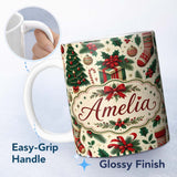 Personalized Custom Name Christmas Gift Boxes Candy Cane Holly Stockings Festive Holiday 11oz Ceramic Coffee Tea Mug White Large Handle