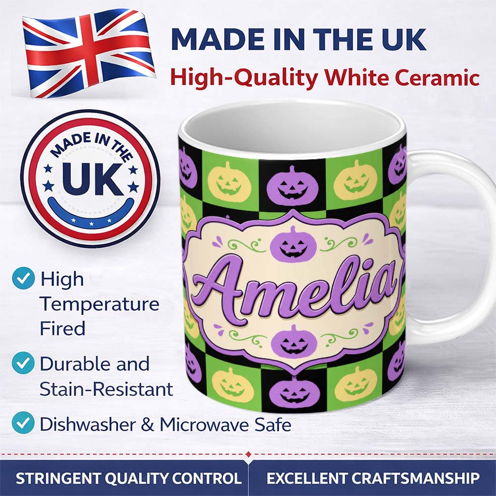 Personalized Custom Name Cute Halloween Pumpkin Faces Green Black Checker Seamless Pattern 11oz Ceramic Coffee Tea Mug White Large Handle