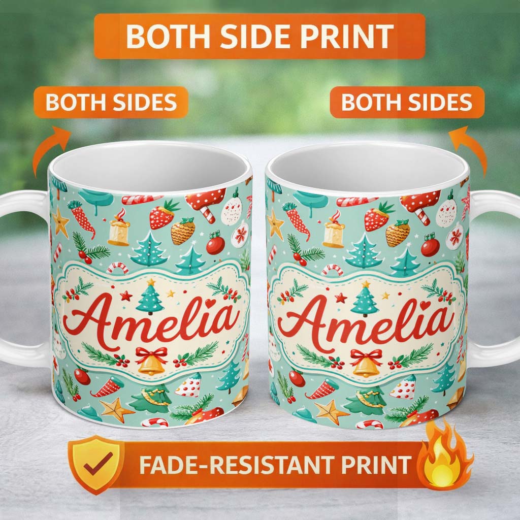 Personalized Custom Name Watercolor Christmas Tree Strawberry Ornament Seamless Pattern 11oz Ceramic Coffee Tea Mug White Large Handle