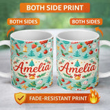 Personalized Custom Name Watercolor Christmas Tree Strawberry Ornament Seamless Pattern 11oz Ceramic Coffee Tea Mug White Large Handle