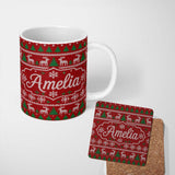 Personalized Custom Name Cute Red Nordic Reindeer Snowflake Christmas Tree Knitted Seamless 11oz Ceramic Coffee Tea Mug White Large Handle