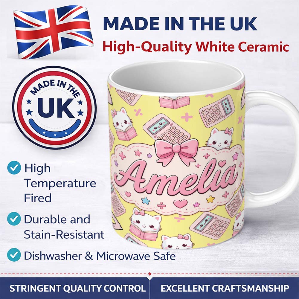 Personalized Custom Name Cute Kawaii Maths Cat Calculator Ruler Seamless Pattern Yellow 11oz Ceramic Coffee Tea Mug White Large Handle
