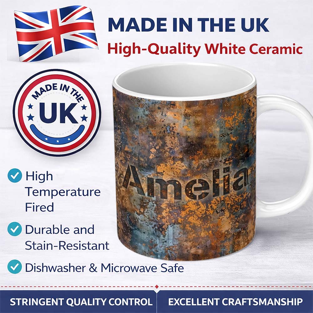 Personalized Custom Name Distressed Metal Rust Pattern with Gold Accents Seamless Grunge 11oz Ceramic Coffee Tea Mug White Large Handle