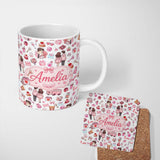 Personalized Custom Name Cute Love Couple Gifts Cakes Teddy Bear Pattern Light Grey Lovely 11oz Ceramic Coffee Tea Mug White Large Handle