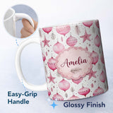 Personalized Custom Name Elegant Pink Christmas Baubles Stars Hanging Decor Seamless Pattern 11oz Ceramic Coffee Tea Mug White Large Handle
