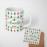 Personalized Custom Name Watercolor Christmas Tree Pattern Green and Red Festive Seamless 11oz Ceramic Coffee Tea Mug White Large Handle