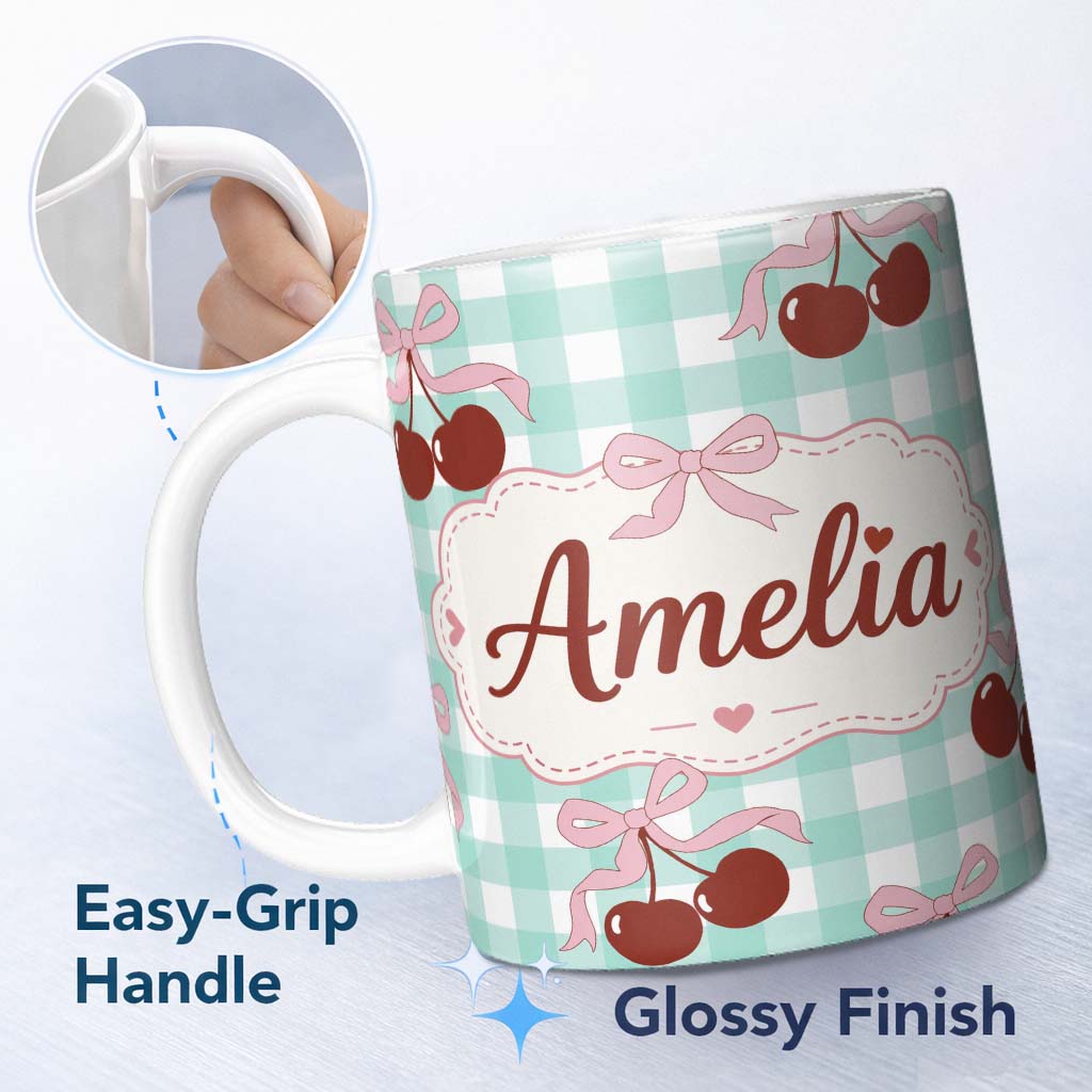 Personalized Custom Name Cherry Bow Ribbon Cute Mint Gingham Picnic Check Seamless Pattern 11oz Ceramic Coffee Tea Mug White Large Handle