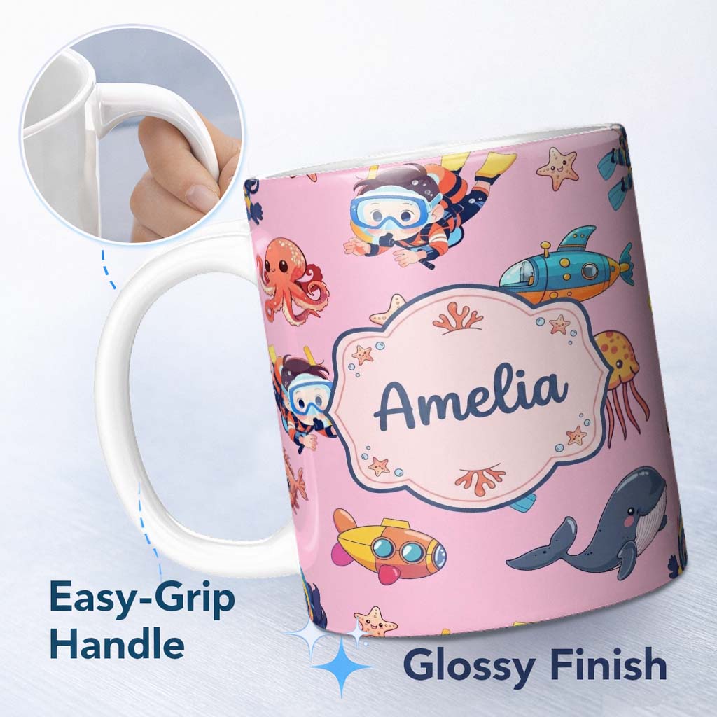 Personalized Custom Name Kids Scuba Divers Submarine Jellyfish Ocean Animals Rose Pink Lovely 11oz Ceramic Coffee Tea Mug White Large Handle