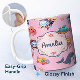 Personalized Custom Name Kids Scuba Divers Submarine Jellyfish Ocean Animals Rose Pink Lovely 11oz Ceramic Coffee Tea Mug White Large Handle