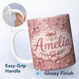 Personalized Custom Name Elegant Pink Christmas Bows Glitter Sparkle Seamless Pattern Lovely 11oz Ceramic Coffee Tea Mug White Large Handle