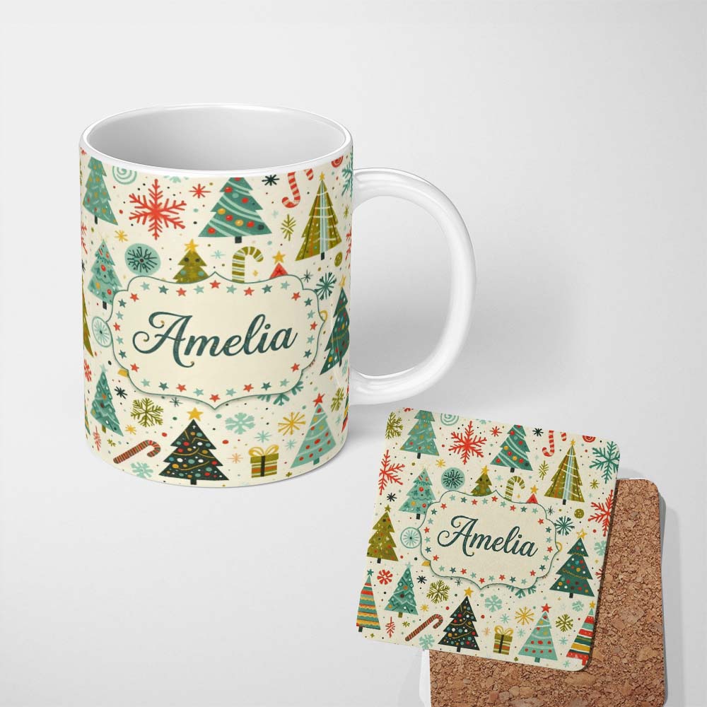 Personalized Custom Name Playful Christmas Trees Candy Canes and Snowflakes Festive Seamless 11oz Ceramic Coffee Tea Mug White Large Handle