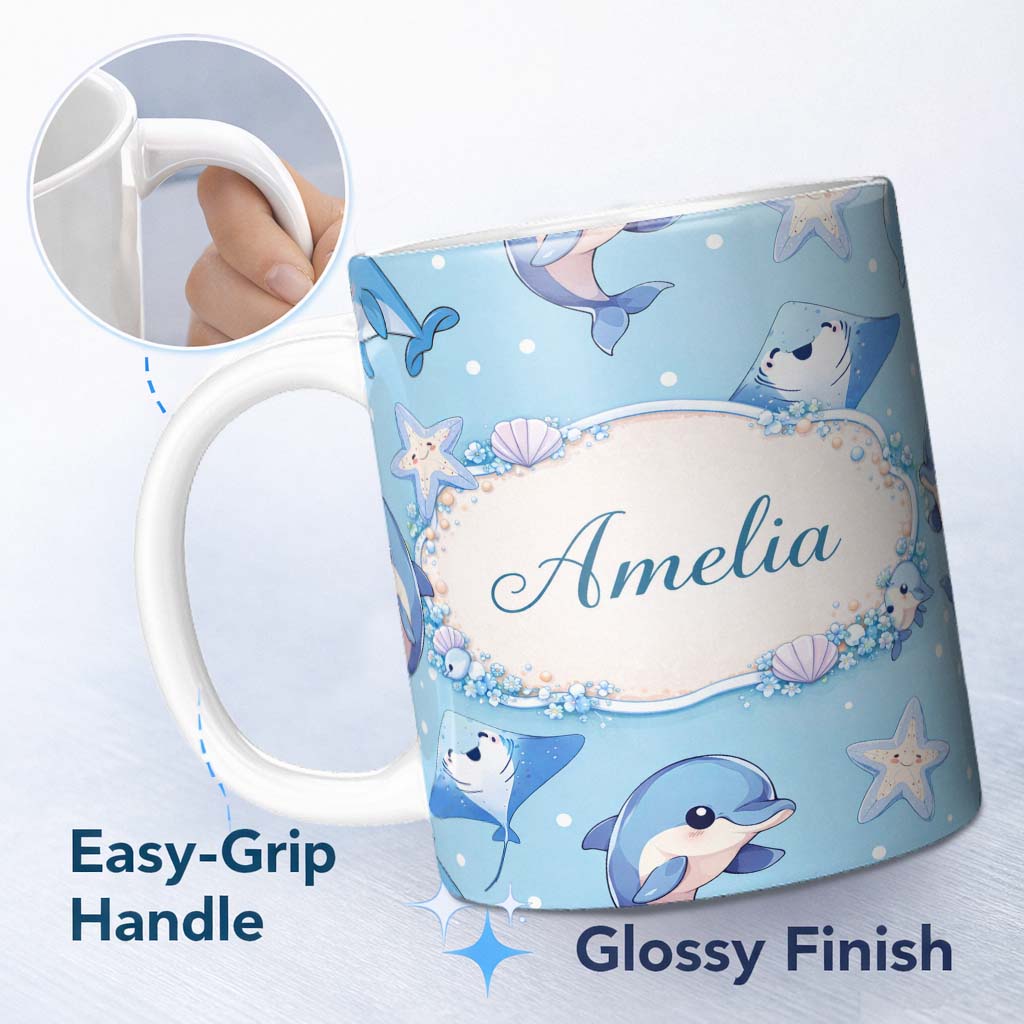 Personalized Custom Name Cute Dolphin Stingray Starfish Ocean Sea Life Soft Aqua Background 11oz Ceramic Coffee Tea Mug White Large Handle