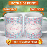 Personalized Custom Name Vintage Floral Tile in Soft Pink and Blue Symmetrical Design Lovely 11oz Ceramic Coffee Tea Mug White Large Handle