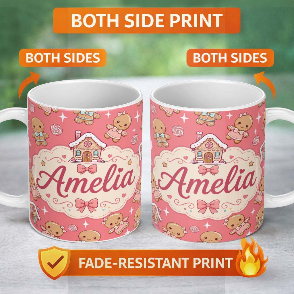 Personalized Custom Name Cute Christmas Gingerbread Characters Candy House Pattern Coral 11oz Ceramic Coffee Tea Mug White Large Handle