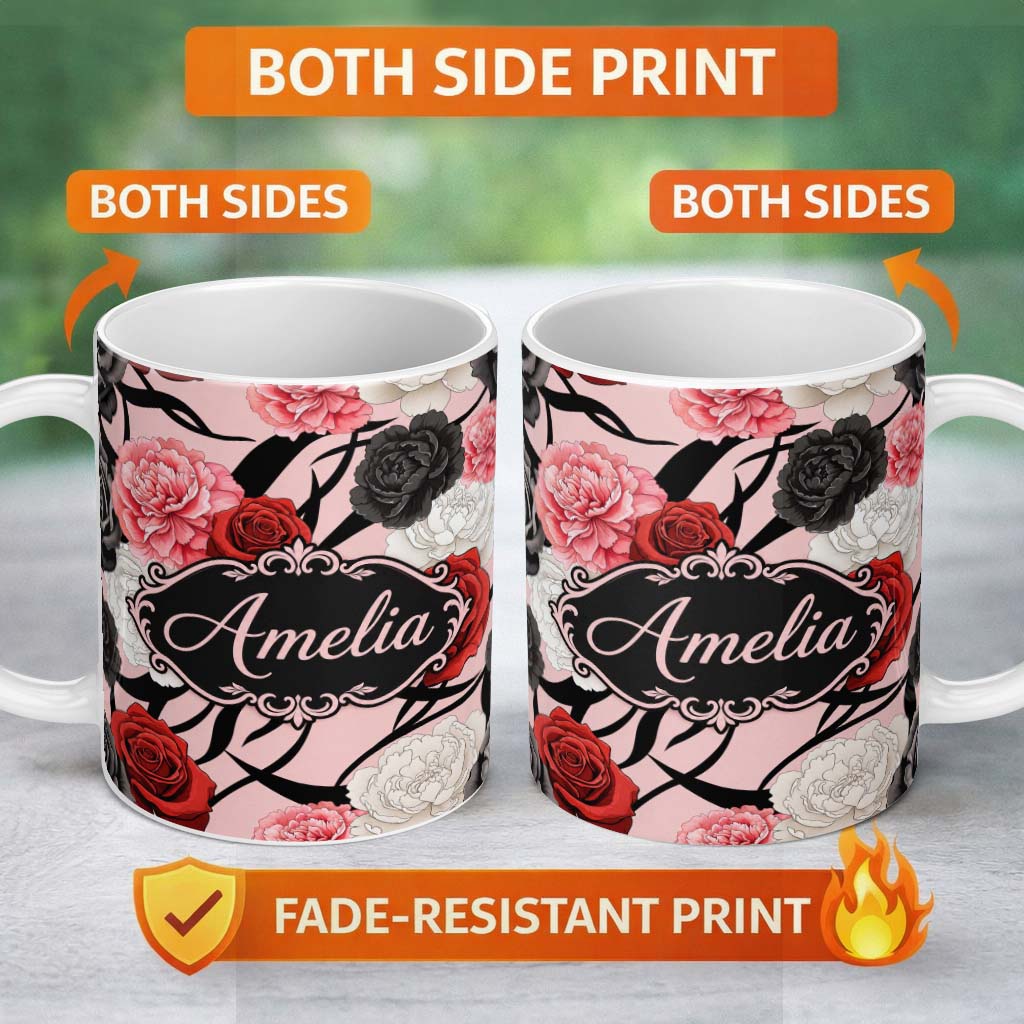 Personalized Custom Name Elegant Rose Floral with Black Red and White Flowers on Blush Pink 11oz Ceramic Coffee Tea Mug White Large Handle