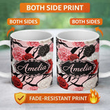 Personalized Custom Name Elegant Rose Floral with Black Red and White Flowers on Blush Pink 11oz Ceramic Coffee Tea Mug White Large Handle