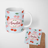 Personalized Custom Name Cute Cherry Fruit with Bow and Sprinkles Pattern Pastel Blue Lovely 11oz Ceramic Coffee Tea Mug White Large Handle