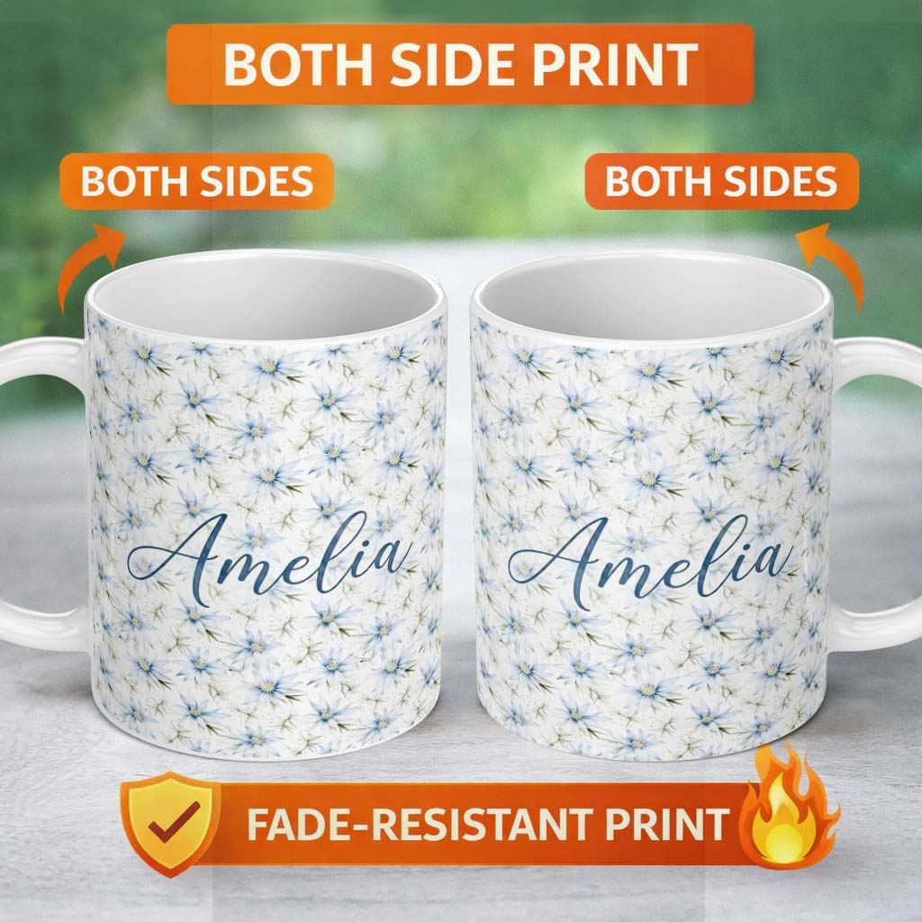 Personalized Custom Name Soft Blue Floral with Fine Botanical Detail Seamless Pattern Lovely 11oz Ceramic Coffee Tea Mug White Large Handle