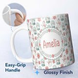 Personalized Custom Name Cute Snowman Snow Globe Poinsettia Flower Christmas Pattern White 11oz Ceramic Coffee Tea Mug White Large Handle